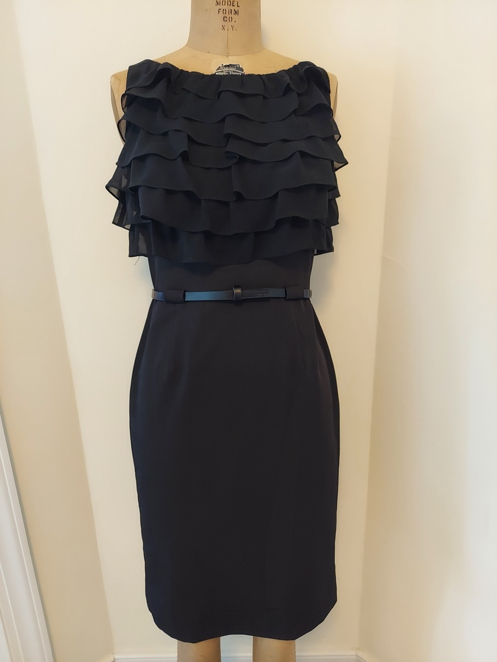 Calvin Klein Black Ruffle Midi Sheath Dress